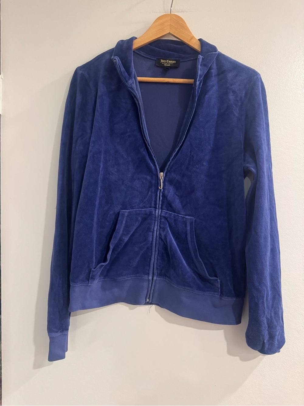 Juicy Couture Black Label Deep Blue Velour Zip-Up Hoodie Y2K Luxe Track Jacket